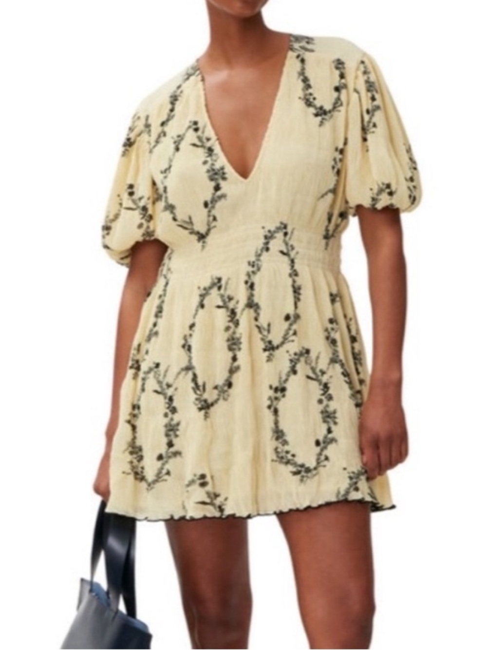 Ganni Floral Georgette V-Neck Yellow Smocked Mini Dress